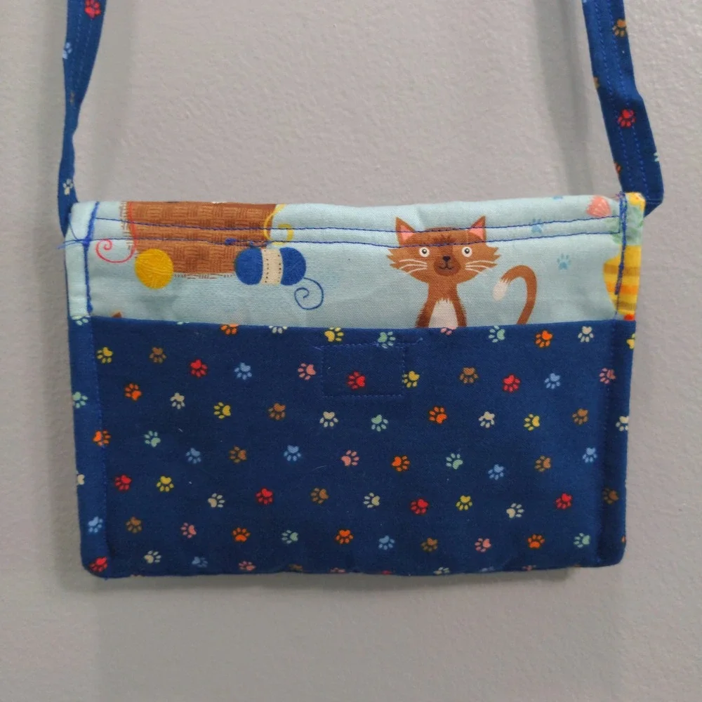 Handmade Fabric Cat Print Crossbody Bag Blue Kitten Paw Print Small Shoulder Bag